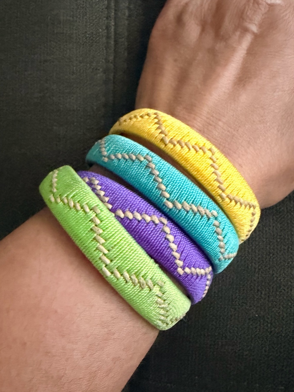 Vintage Lime Green, Purple, Blue, Yellow Fabric Wrapped Cuff Bracelet